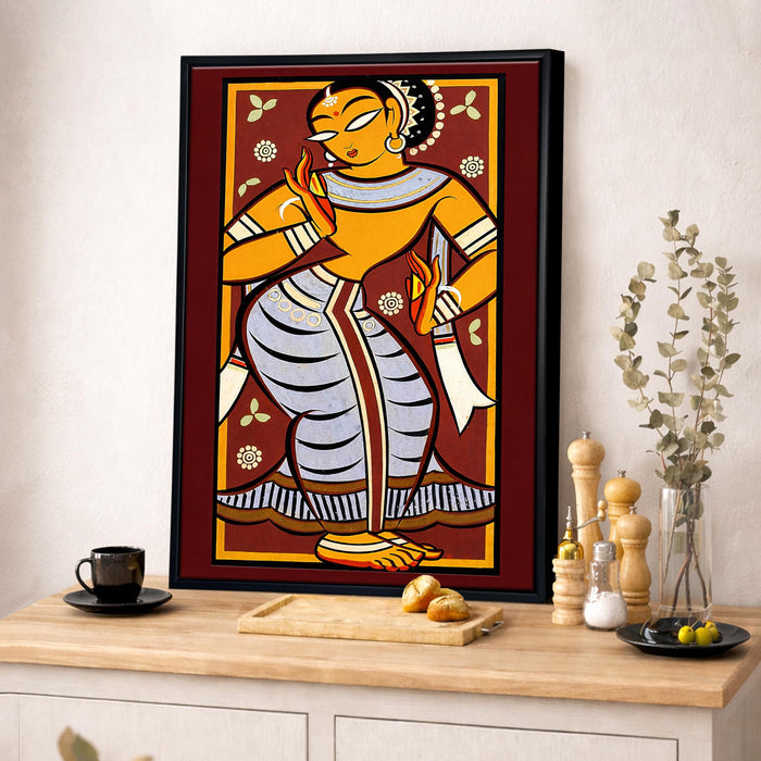 Indian Folk Religious Framed Canvas Painting for Living Room Wall Deocr, Krishna Mythology Dancing Gopi Framed Canvas Wall Art for Bedroom Home Hallways Office Hotel, Size 43x58 cm