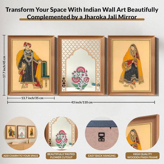 Framed Indian Paintings Wall Decor with Mirror | A3 Madhubani Pichwai Style King and Queen Miniature Art Prints | Decor Quatrefoil Jali Jharoka Mirror 35x45 cm