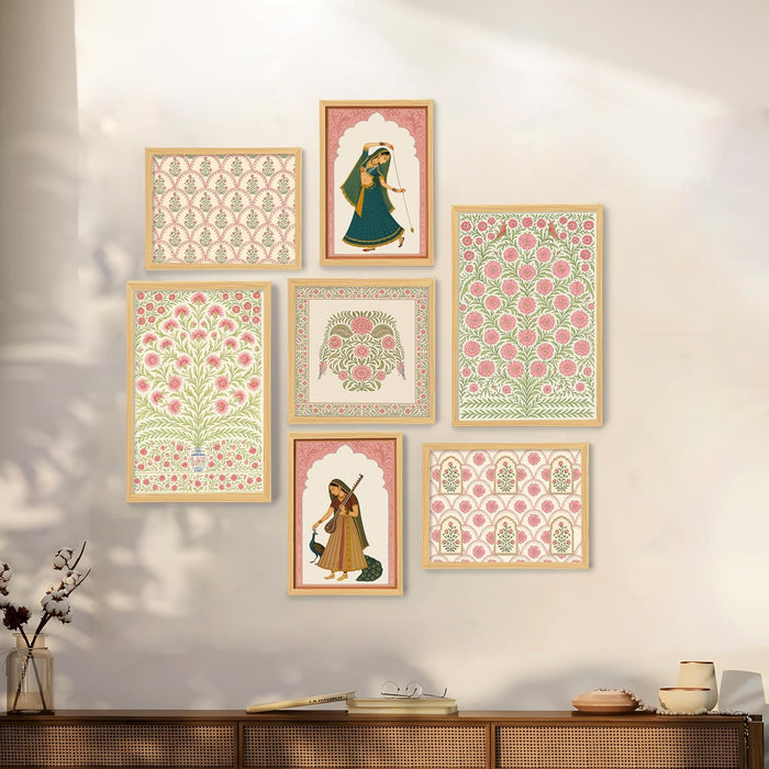 Womens Floral Indian Folk Art Wall Art Print Paintings, set of 7 | Digital Framed Painting 30x42, 21x30, 30x30 cm