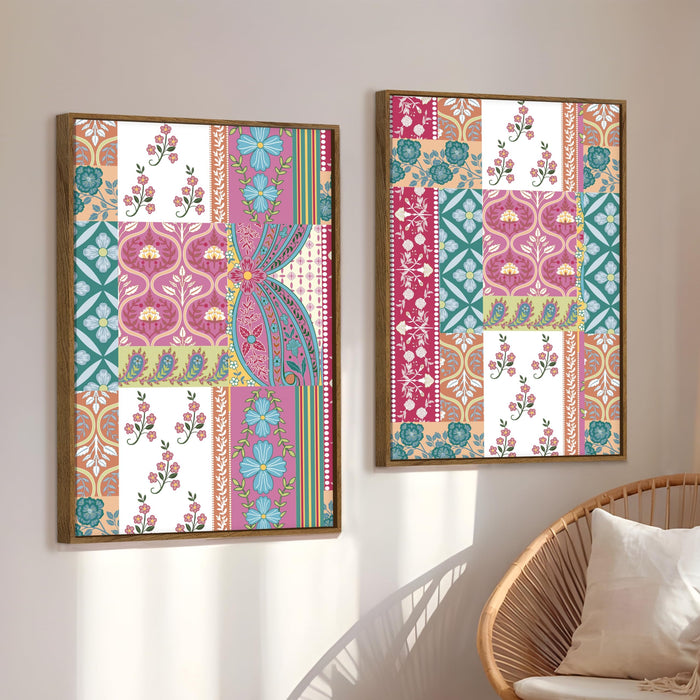 Mughal Flower Pattern Canvas Painting Indian Large Wall Art Painting for Living Room Decoration, Stylish Large Wall Art Print for Wall Decor (Set of 2, 58x89 cm)