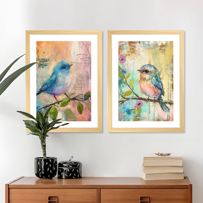 Modern Art Soft Pastel Bird Sitting on Branch Painting, Set of 2 (Blue, 13x18 Inch), Wall Paintings