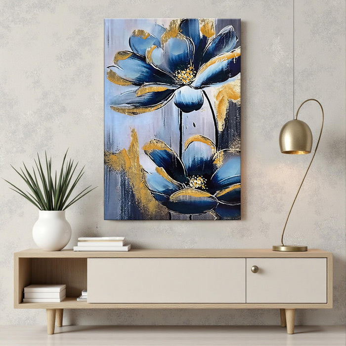 Stretched Canvas Abstract Blue and Gold Flower Paintings Abstract 3d Paintings for Office Hand Painted Canvas Art 3D Textured Floral Wall Painting Modern Aesthetic Home Decor 61x91 cm