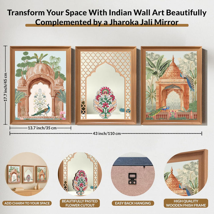 Framed Madhubani Wall Art and Decorative Mirror Set | A3 Floral and Garden Painting with Jali Jharoka Mirror | Indian Paintings | 35x45 cm