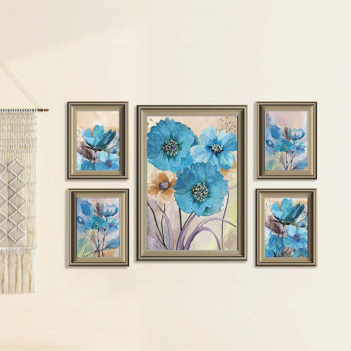 Art Street Blue Lily Floral Framed Art Print For Living Room, Decorative Home & Wall Decor - Set Of 5 (Silver, 4 Pcs-5x7 Inch, & 12x16 Inch)