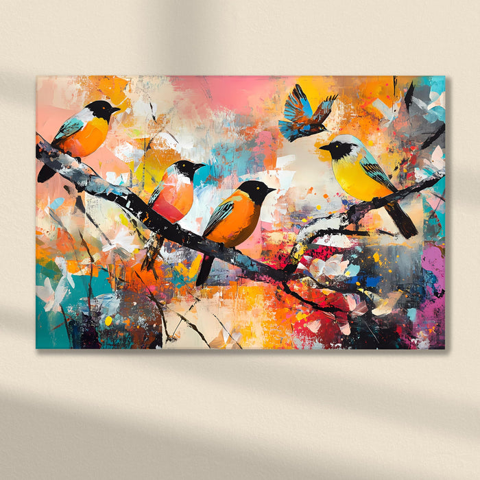 Landscape Abstract Canvas Wall Art Painting Birds Standing on Branch Multicolor | Digital Painting on Canvas Stretched on Wood (22x34 Inch)