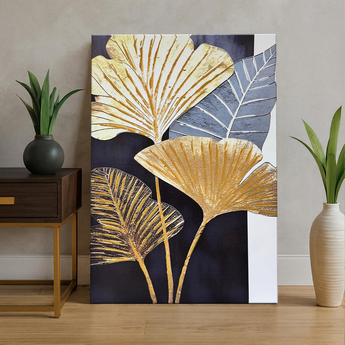 Abstract Stretched Canvas Paintings Gold Ginkgo Leaf Wall Art 3D Textured Abstract Botanical Canvas Painting Wall Décor Hand Painted Art Painting for Modern Home Decor 61x 91cm
