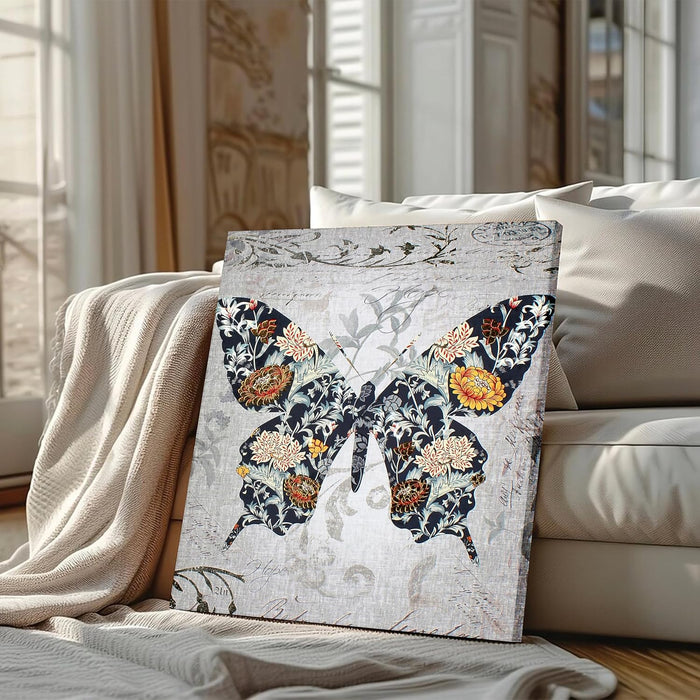 Gray and Black Butterfly Floral Art Print, Floral Large Decorative Canvas Modern Art Paintings.