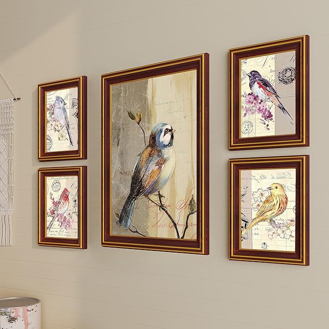 Art Street Bird On Branch Framed Art Print For Living Room, Decorative Home & Wall Decor - Set Of 5 (Brown, 4 Pcs-5x7 Inch, & 12x16 Inch)