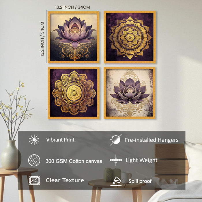 PAINTINGMANTRA Lotus Mandala Wall Décor Set of 4 | Spiritual Golden Floral Wall Paintings for Living Room, Bedroom, Home & Office, (13.2x 13.2 inch)