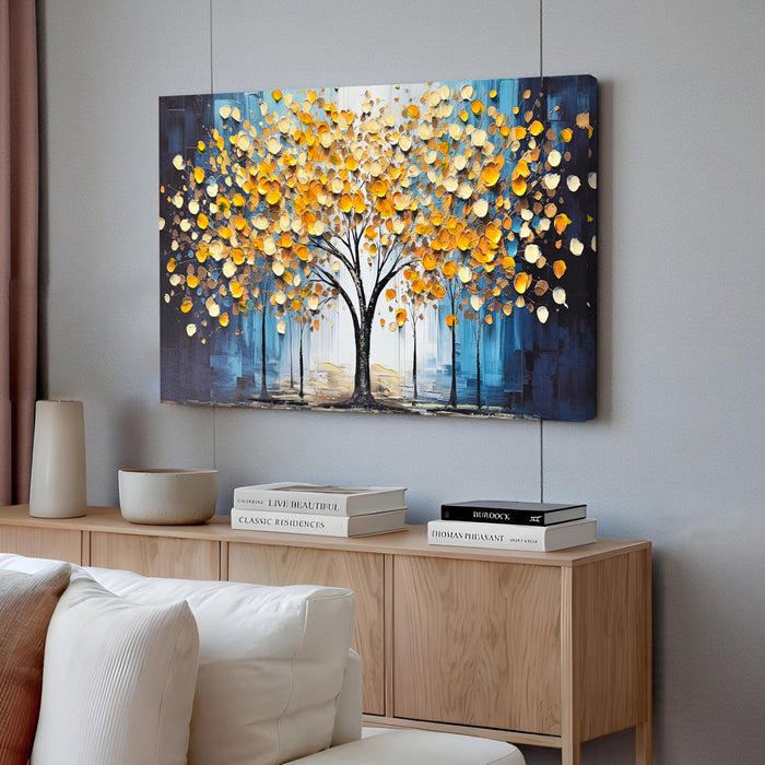 PAINTINGMANTRA Abstract Tree Stretched Canvas Wall Art Tree of Life 3D Textured Painting Blue Yellow Canvas Painting for Living Room Abstract Paintings Bedroom Office Hand Painted Wall Décor 61x91 cm