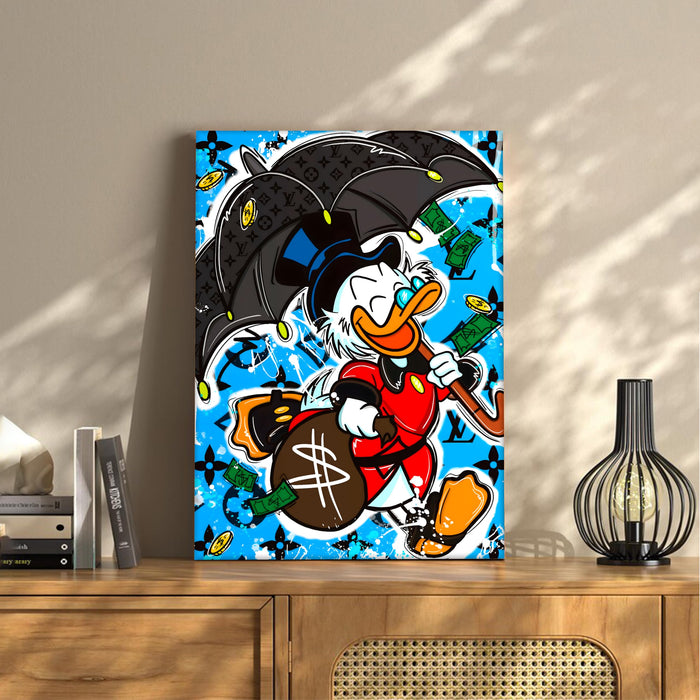 Luxury Cartoon Duck Pop Art Stretched Canvas Painting Print | Money & Success Theme Street Art Wall Décor | Modern Graffiti Style Artwork for Home & Office, 41x56 cm