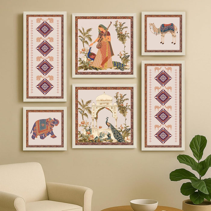 Framed Wall Art Print Pack of 6 Framed Wall Decoration Art Prints Traditional Indian Pichwai 24x48, 34x34 and 24x24 cm, Pink