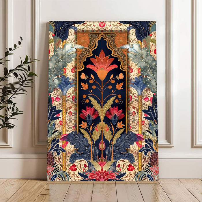 Portrait Stretched Canvas Mughal Floral Madhubani Wall Art Print Décor Printed on Canvas Stretched on Wood 41x56 cm