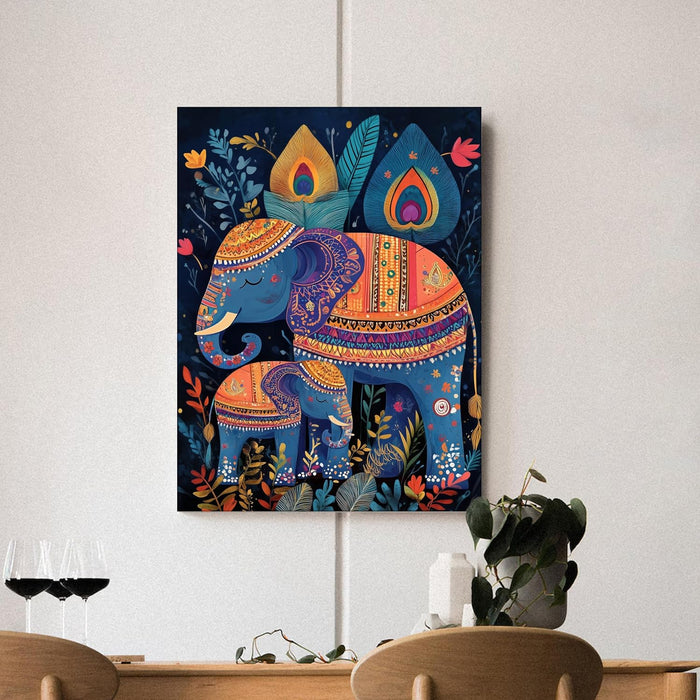Gond Art of Elephants and Botanical in Multicolor | Digital Painting On Canvas Stretched on Wood (16x22 Inch)