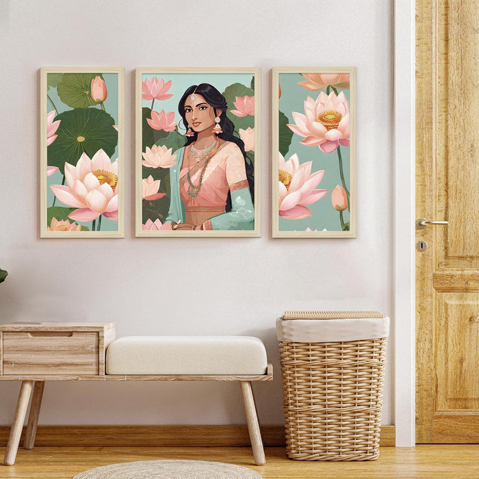 Botanicals Pichwai Framed Wall Art Painting Home Décor Pack Of 3 | Digital Scenery Painting with Frame, Set Of 3 22x46 cm, 33x44 cm