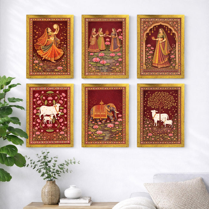 Madhubani Pichwai Painting With Frame for living room, Flower Framed Wall Art Painting for Home Decor Set of 6, Size 9.5 by 12.5 Inch
