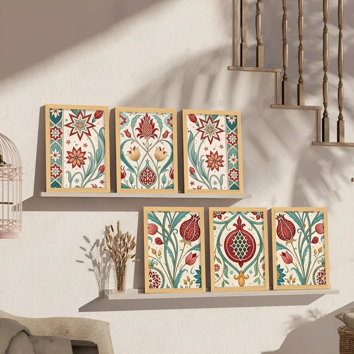 Framed Art Print Set of 6 Floral Turkish and Islamic Wall Art Prints Indian and Madhubani Inspired Prints 23x32 cm