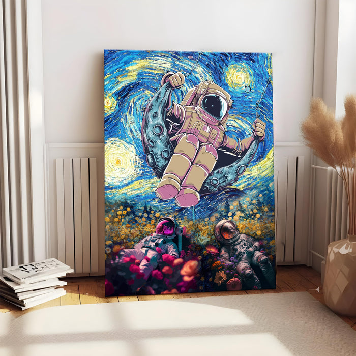 Stretched Canvas Painting Three Space Astronaut Starry Night Graffiti Wall Art Print for Home Decor (Multicolor))