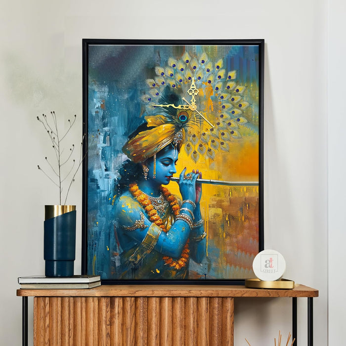 Hindu Religious Portrait Abstract Divine Multicolor Framed Canvas wall art With Clock | Painting with clock. 43x58 cm