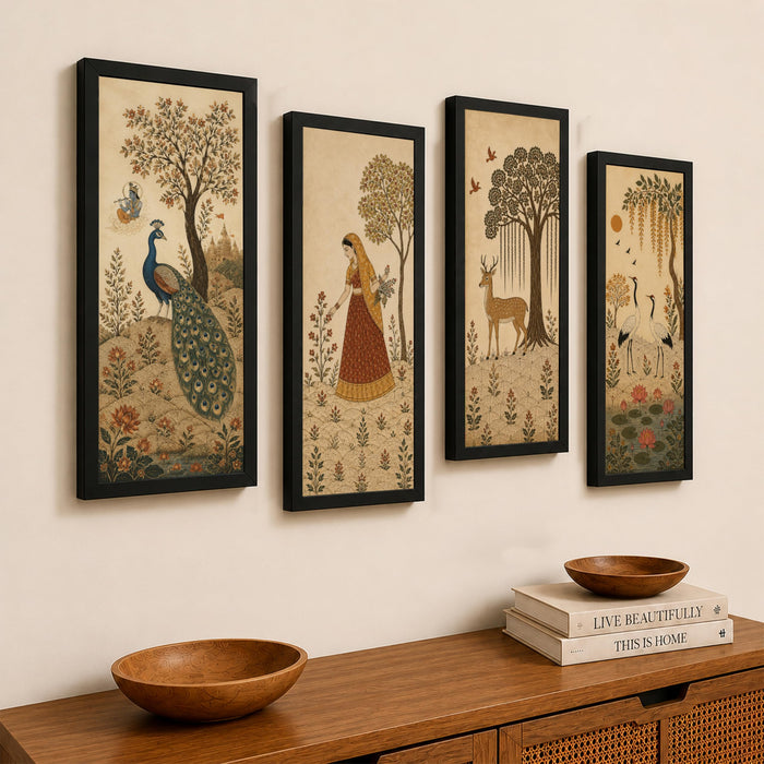 Traditional Indian Heritage Framed Wall Art Painting For Living Room | Peacock, Deer, Woman Artwork Poster with Frame for Wall, Decoration item for Bedroom, Set of 4, Size 9.5x19.5 Inch
