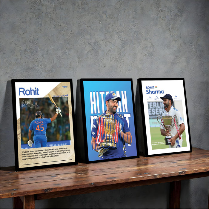 Rohit Sharma Framed Wall Poster | Hitman Indian Cricket Legend | Premium Sports Wall Art for Home & Office Decor (13.9 Inch x 17.6 Inch, Set of 3)
