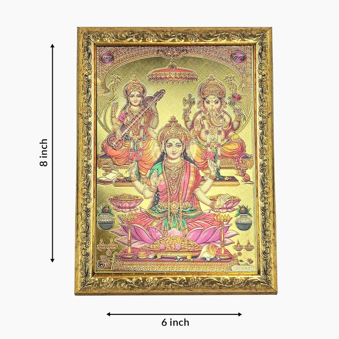 Art Street Lord Ganesh, Saraswati & Laxmi Ji Photo Frame, Poster for Pooja, Gold Plated God Photo Frames, Wall Decor Photo Frame (Size: 6x8 Inch, Gold)