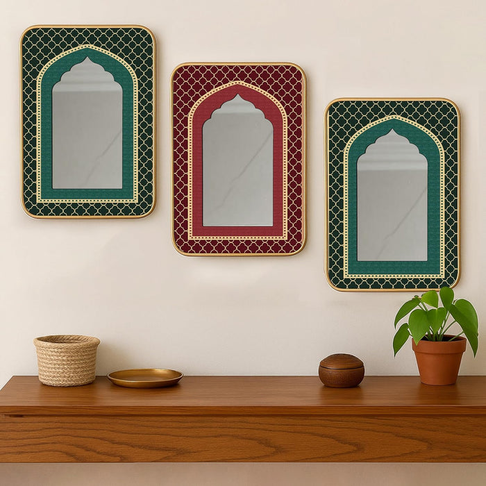 Decorative Jharokha Acrylic Mirror Set of 3 Red Abstract Floral Pattern Printed Gold Metal Finish Décor Mirror (8.2x12.2 Inches)