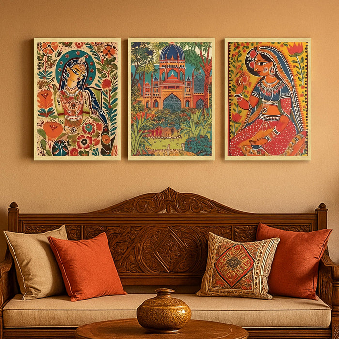 Madhubani Art Print Set of 3 Indian Folk Painting for Home Décor with Vibrant Indian Artwork, Traditional Mithila Wall Art, Ethnic Decor, Wall Prints for Living Room 30x42 cm