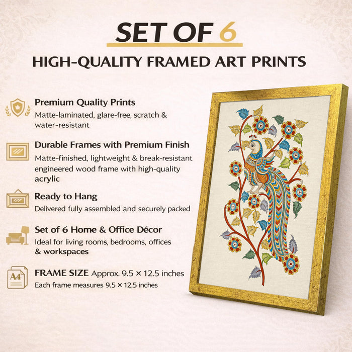 Indian Folk Art Painting With Frame for living room, Royal Birds & Animals Framed Wall Art Painting for Home Decor Set of 6, Size 9.5 by 12.5 Inch
