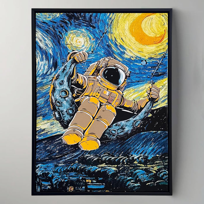 Framed Canvas Art Print with LED Light Canvas Wall Painting, Astronaut Post Impressionism Art Decorative Wall Decor 43x58 cm