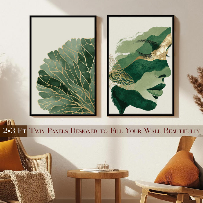 Abstract Face Green Leaf Canvas Portrait Large Wall Art Painting for Living Room Decoration, Stylish Large Wall Art Print for Wall Decor (Set of 2, 58x89 cm)