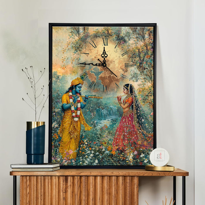 Hindu Religious Portrait Abstract Divine Multicolor Framed Canvas wall art With Clock | Painting with clock. 43x58 cm