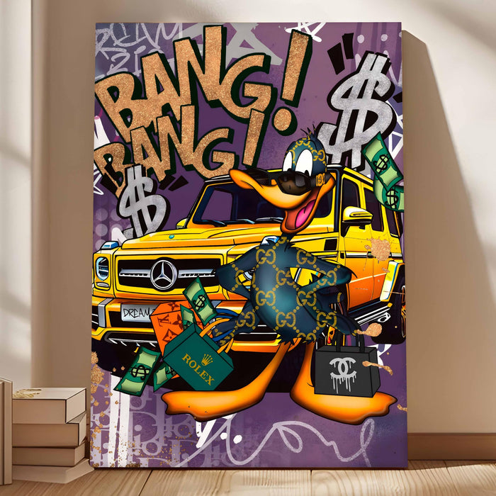 Luxury Street Pop Art Duck Wall Painting | Money & Success Graffiti Style Stretched Canvas Art Print| Modern Wall Décor for Home & Office, 56x86 cm