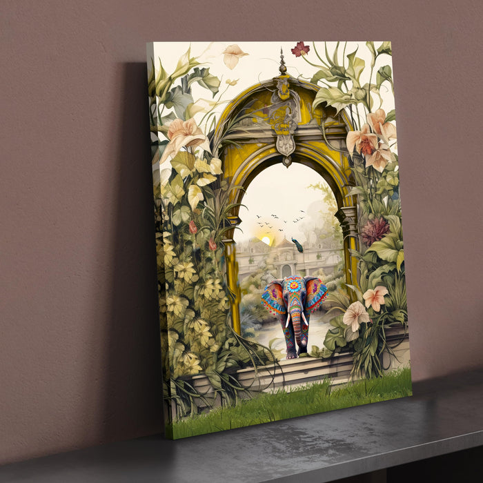 Art Street Stretched Canvas Painting Mughal Garden with Elephant Modern Art for Home Décor, Living Room, Wall Hanging, (Size: 12x16 Inch)