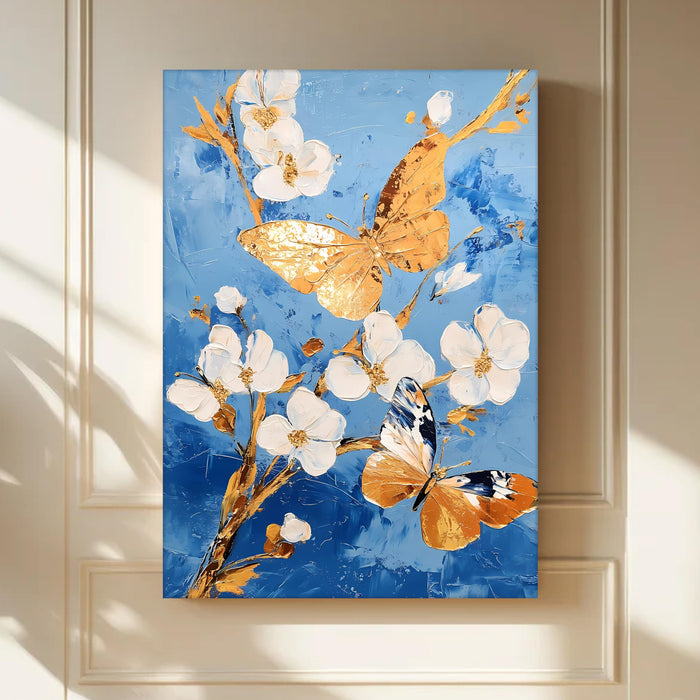Portrait Abstract Canvas Wall Art painting Flower and Flying Butterfly Multicolor | Digital Painting on Canvas Stretched on Wood (22x34 Inch)