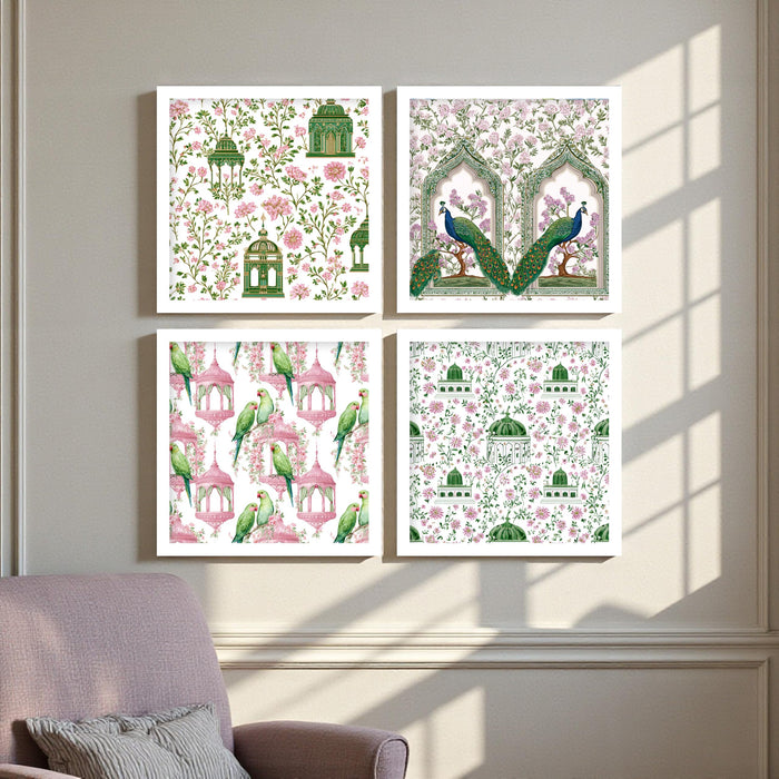 Pichwai art Floral Wall Art Prints—Indian folk art, Botanical Framed Wall Decor for Living Room, Bedroom, Nursery & Home Décor, (Set of 4) (13.2 inch x 13.2 inch)
