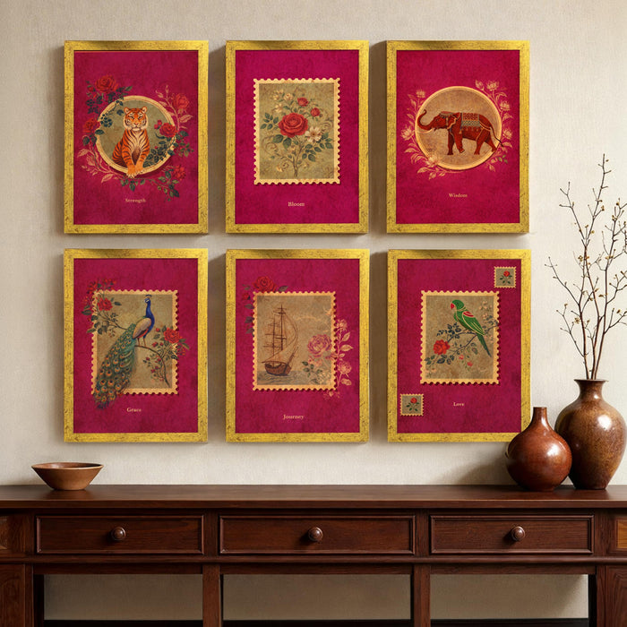 Madhubani Pichwai Painting With Frame for living room, Lotus Flower Framed Wall Art Painting for Home Decor Set of 6, Size 9.5 by 12.5 Inch