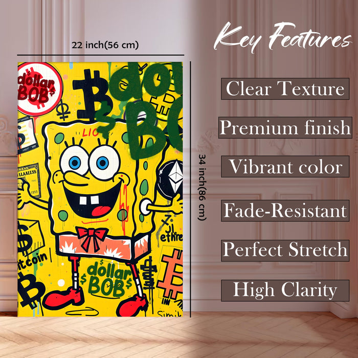Cartoon Pop Art Stretched Canvas Painting Print| Money & Digital Currency Graffiti Wall Art | Modern Street Art for Home & Office, 56x86 cm