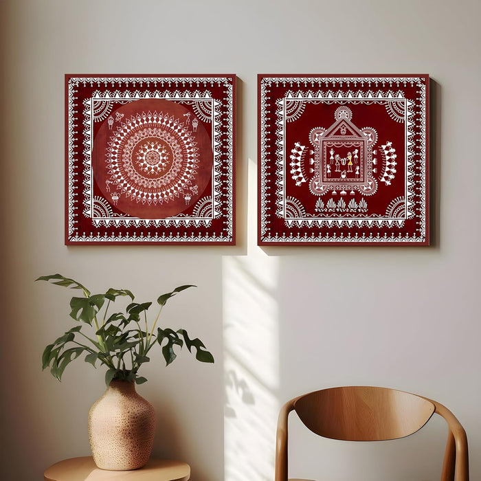 Marriage and Festival Celebration Warli Painting, Traditional Indian Maharashtra Warli Tribal Folk Wall Painting (Set of 2, 12x12 inch)
