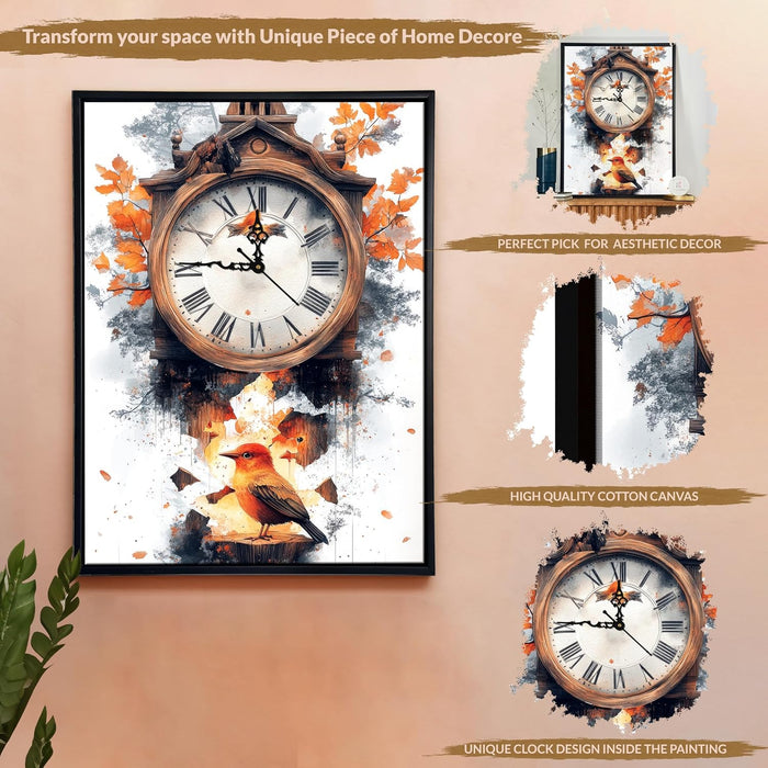 Portrait Abstract Cuckoo clock with bird Multicolor Framed Canvas wall art With Clock | Painting with clock, 43x58 cm