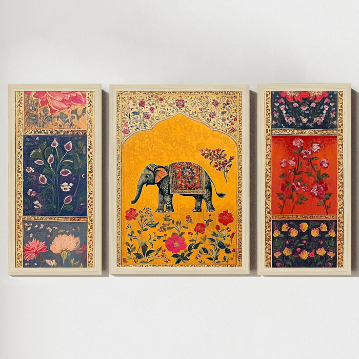 Pichwai Framed Wall Art Painting Home Décor Pack Of 3 | Digital Scenery Painting with Frame, Set Of 3, 22x46 cm, 33x44 cm