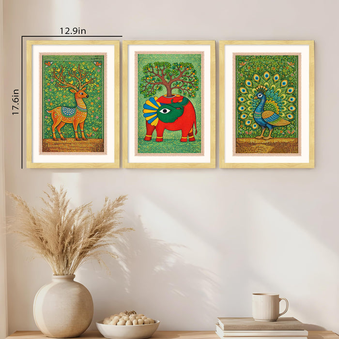 Gond Art of Deer Elephant Peacock A3 Framed Poster for Living Room With Frame, Nature Botanical Madhubani Framed Vastu Posters for Home Decor Bedroom Hallways Office Hotel Set of 3, Size 33x45 cm