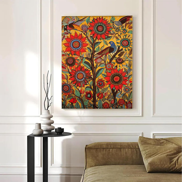 Portrait Stretched Canvas Lotus Floral Indian Classic Madhubani Wall Art Print Décor Printed on Canvas Stretched on Wood 41x56 cm