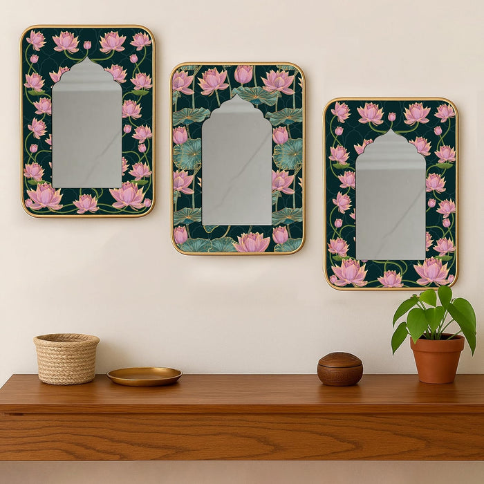 Decorative Jharokha Acrylic Mirror Set of 3 Lotus Flowers Printed Gold Metal Finish Décor Mirror (8.2x12.2 Inches)