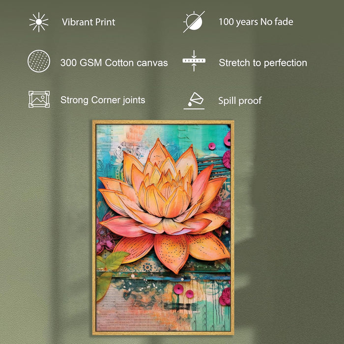 Abstract Multicolor Digital Art of Lotus Flower Stretched Canvas Painting with Frame – Wall Art – Framed Canvas Wall Décor (23x35 Inch)