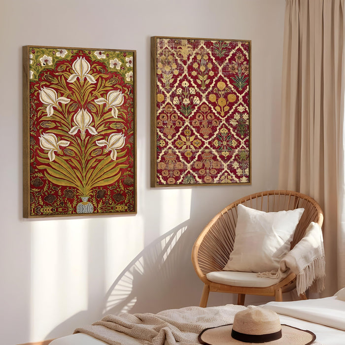 Flower Pattern Mughal Canvas Floral Large Wall Art Painting for Living Room Decoration, Stylish Large Wall Art Print for Wall Decor (Set of 2, 58x89 cm)
