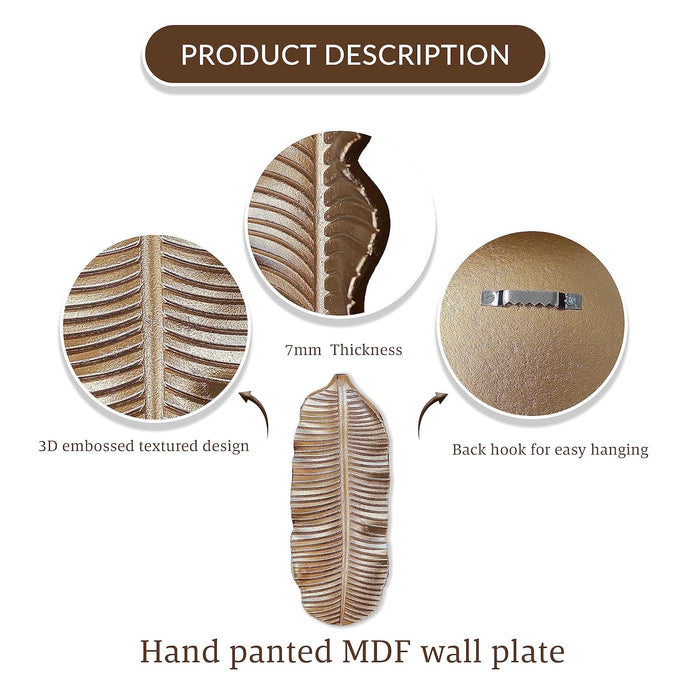 Art Street Golden Banana Leaf Tray MDF Wall Plate For Living Room, Decorative Wall Hanging Carved Decal for Home Décor (Set of 2, 8.7x12 Inch)