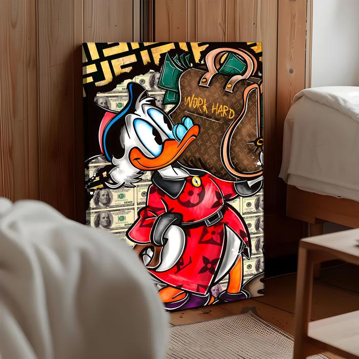 Luxury Cartoon Duck Money Pop Art Stretched Canvas Painting Print | Work Hard Success Theme Graffiti Wall Art | Modern Street Style Artwork for Home & Office, 56x86 cm