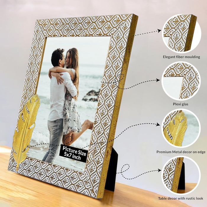 Photo Frame with Golden Metalic Leaf, White (5x7 Inch), Wooden Tabletop Photoframe.