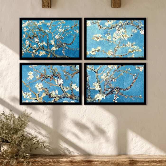 Abstract Blossom Tree Framed Wall Art Painting Set of 4 | Blue Floral Art Print for Living Room, Bedroom & Office Décor, 23x32 cm